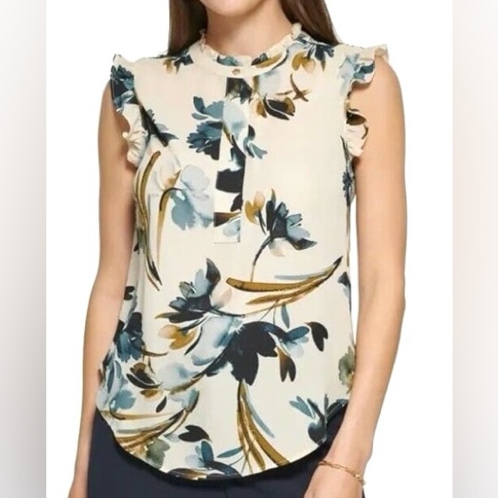 DKNY Floral Pleated Sleeveless Tie Collar Blouse - Size XL